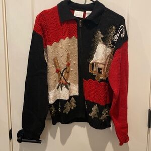 Moda Int’l Vintage Ladies Sweater.  Full‎ Zip.  Ski’s/Snow Cabin on Front.